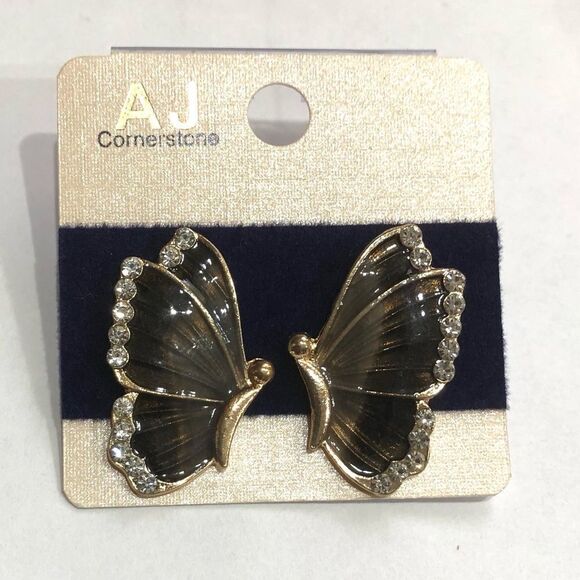 AJ Cornerstone Black & Gold Rhinestone Butterfly Stud Earrings (a)157 - Picture 2 of 7
